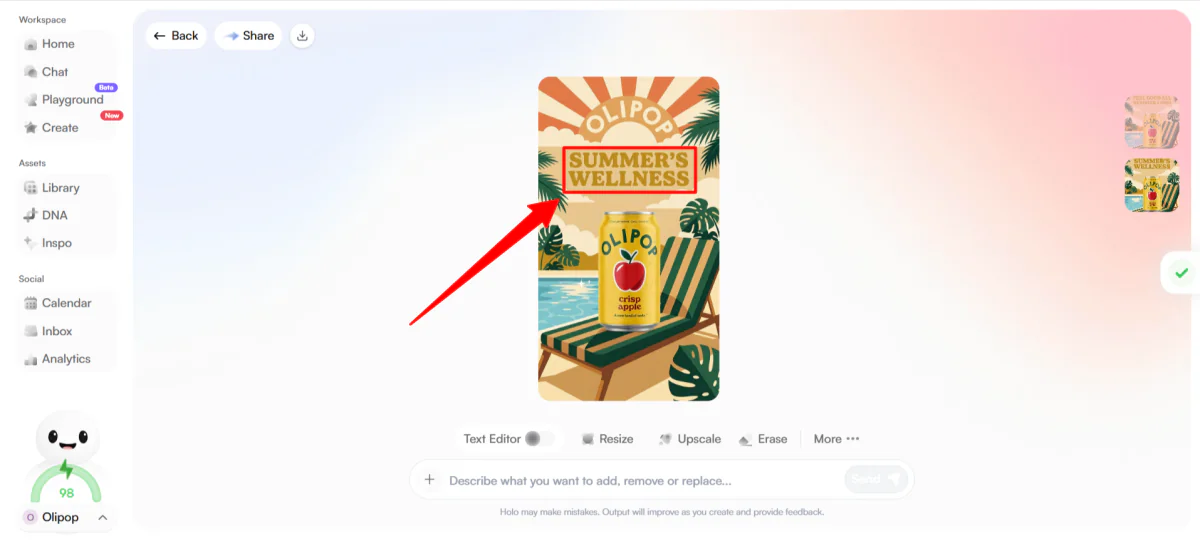 Holo AI generating a punchier headline on an image it generated.