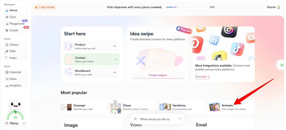 Going to Animate from the homepage in Holo AI.