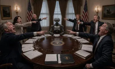 AI-generated article illustration (GPT-2): Politicians seated around a round conference table point at one another while shouting, with an industrial humanoid robot sitting motionless at the center of the room.