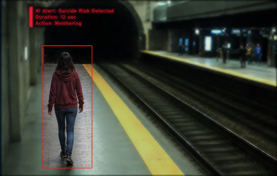 AI-generated image (GPT-2): A surveillance-style view of a subway platform showing a person walking near the platform edge, with an AI monitoring overlay displaying a detection box around the individual, a tunnel entrance ahead, and passengers visible on the opposite platform.