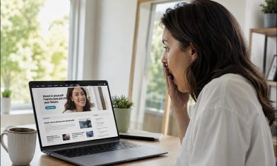 A woman looks at a laptop displaying a news website, reacting with surprise as a banner advertisement on the page shows a smiling woman who closely resembles her.