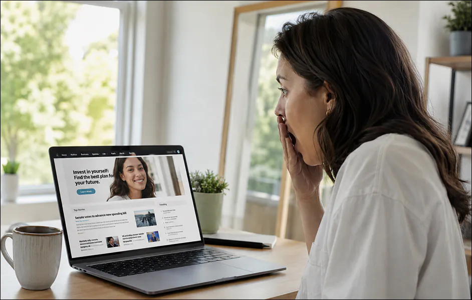 A woman looks at a laptop displaying a news website, reacting with surprise as a banner advertisement on the page shows a smiling woman who closely resembles her.