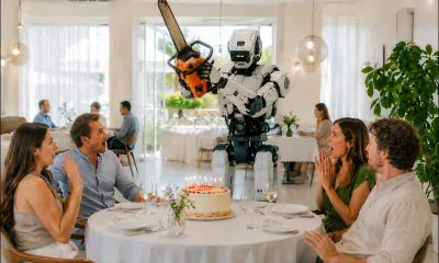 AI-generated image (GPT-2): an industrial humanoid robot stands beside a restaurant birthday table, holding a running chainsaw near a lit cake while surrounding diners react with visible alarm.
