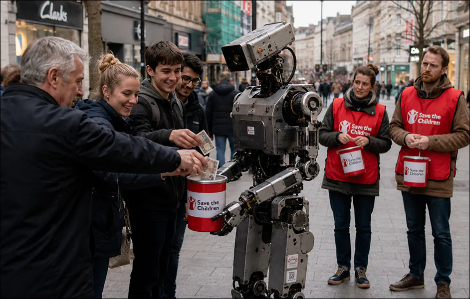 AI-generated image (GPT-2) - An industrial humanoid robot holds a Save the Children donation tin on a British high street as several passers-by place five pound notes into it, while nearby human volunteers in red Save the Children vests stand with their own collection tins and watch with puzzled expressions.