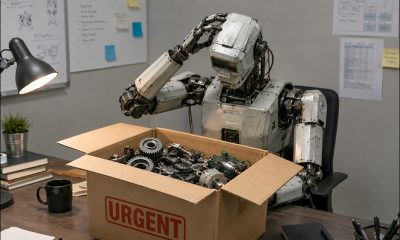 AI-generated image (GPT-2): an industrial humanoid robot sits at an office desk, scratching its head while looking into an open cardboard box labeled 'URGENT' that contains assorted machine parts, gears, electronic components, and circuit boards. An office wall with notes and diagrams is visible behind the desk.