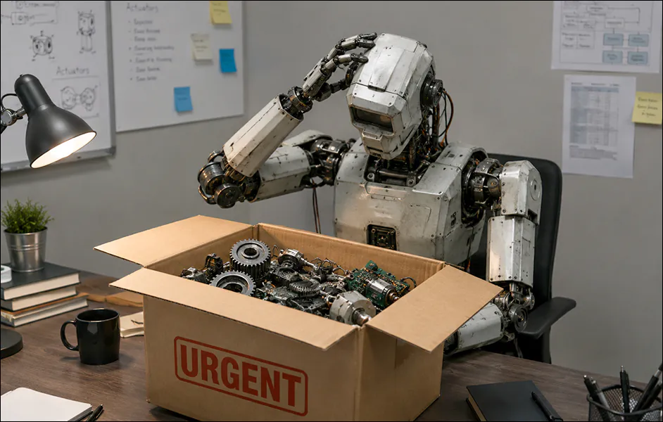 AI-generated image (GPT-2): an industrial humanoid robot sits at an office desk, scratching its head while looking into an open cardboard box labeled 'URGENT' that contains assorted machine parts, gears, electronic components, and circuit boards. An office wall with notes and diagrams is visible behind the desk.