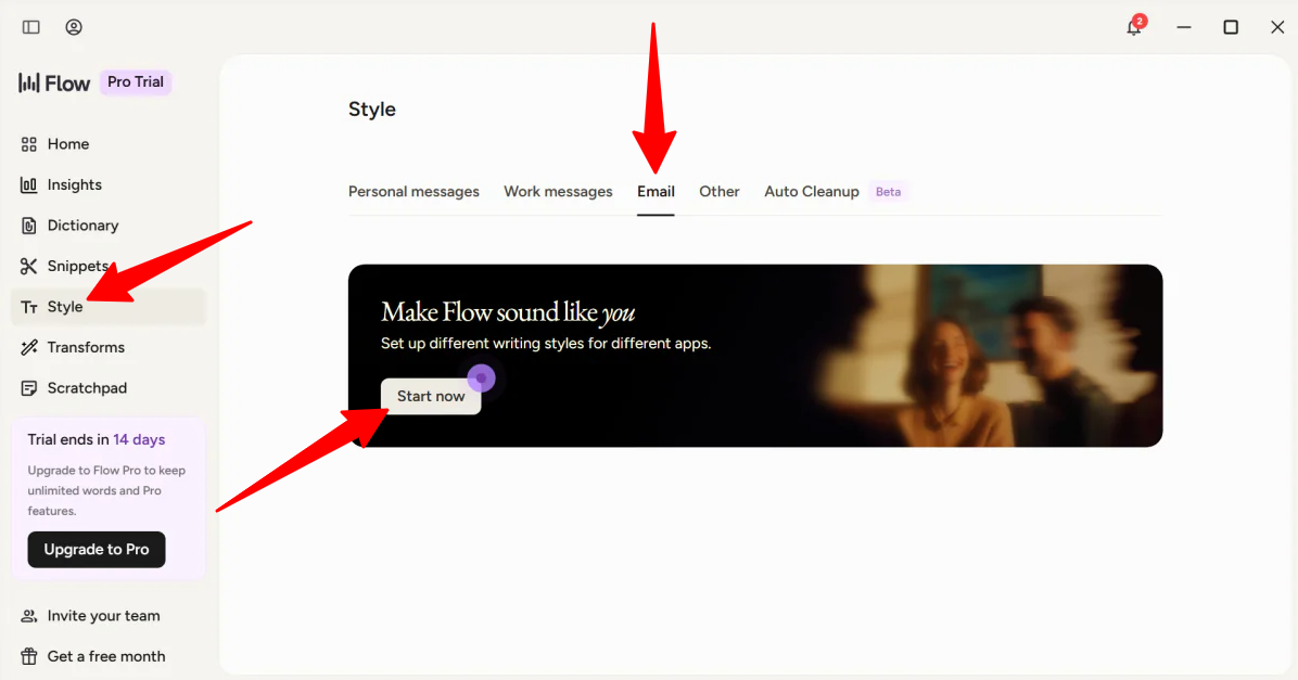 Setting up an email style in Wispr Flow.