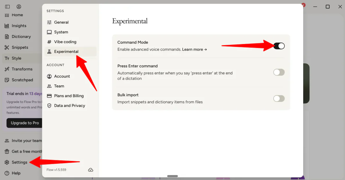Turning on Command Mode in Wispr Flow.