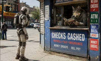 AI-generated illustration (GPT-2 + Photoshop): A humanoid industrial robot stands on a sunlit city sidewalk facing a small check-cashing kiosk, while a wolf-like attendant leans from the service window reading a sports magazine as pedestrians and traffic pass in the background.