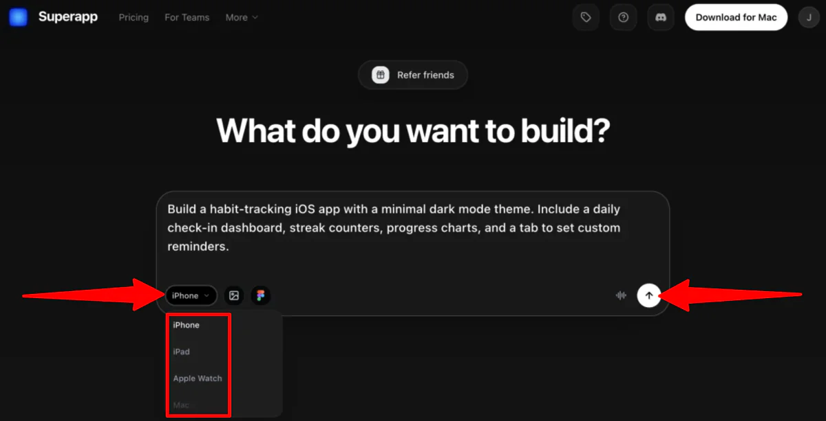 Choosing a device type and sending Superapp a prompt of an app to build.