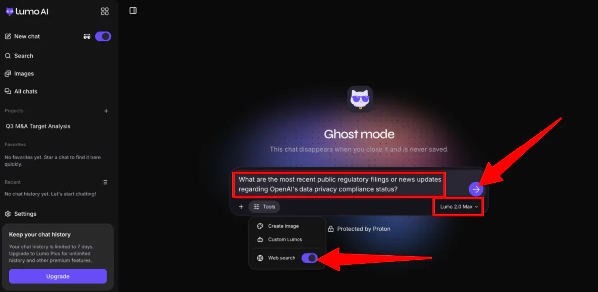Asking Lumo AI a question in Ghost Mode.