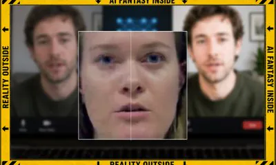 Partially AI-generated image. Overlaid in front, a before and after comparison of CPU-only facial improvement for the paper FSFVE: Few Shot Compressed Face Video Enhancement; behind, a generic illustration from GPT-2 expressing the idea of an AI model 'up-rezzing' a poor video chat avatar.