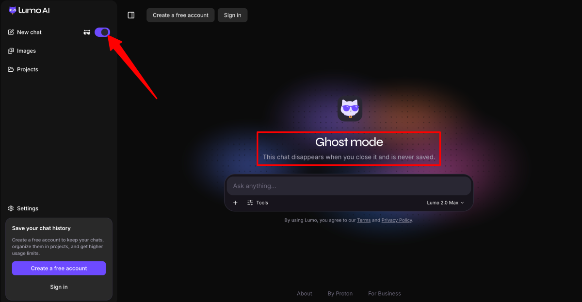Turning on Ghost Mode in Lumo AI.