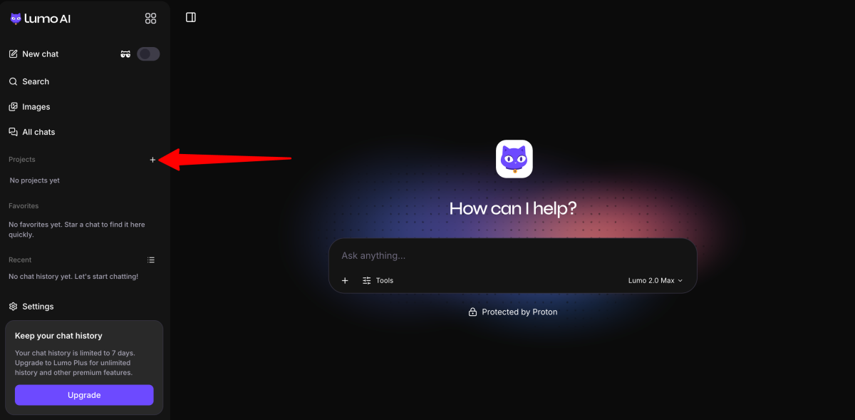Creating a new project in Lumo AI.