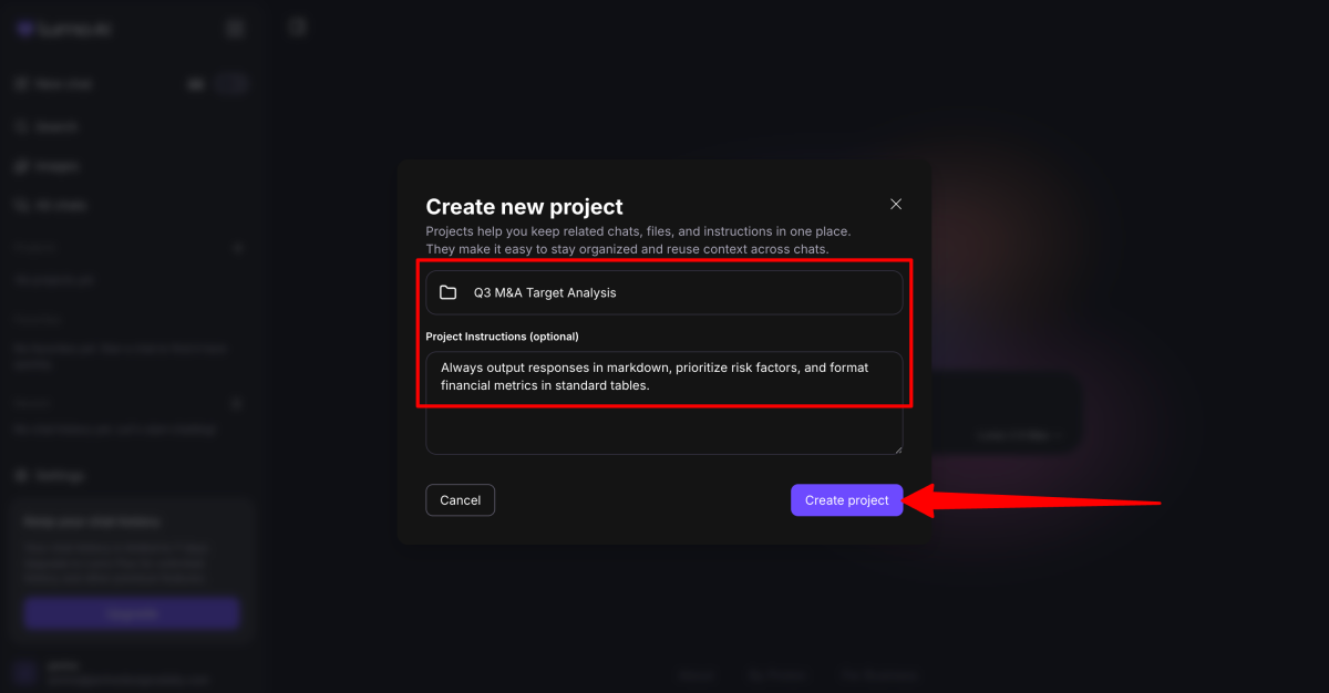 Creating a new project in Lumo AI.