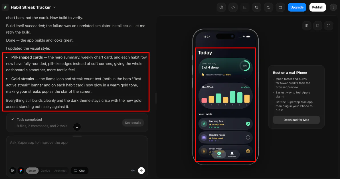 An updated visual style of an app made with Superapp.