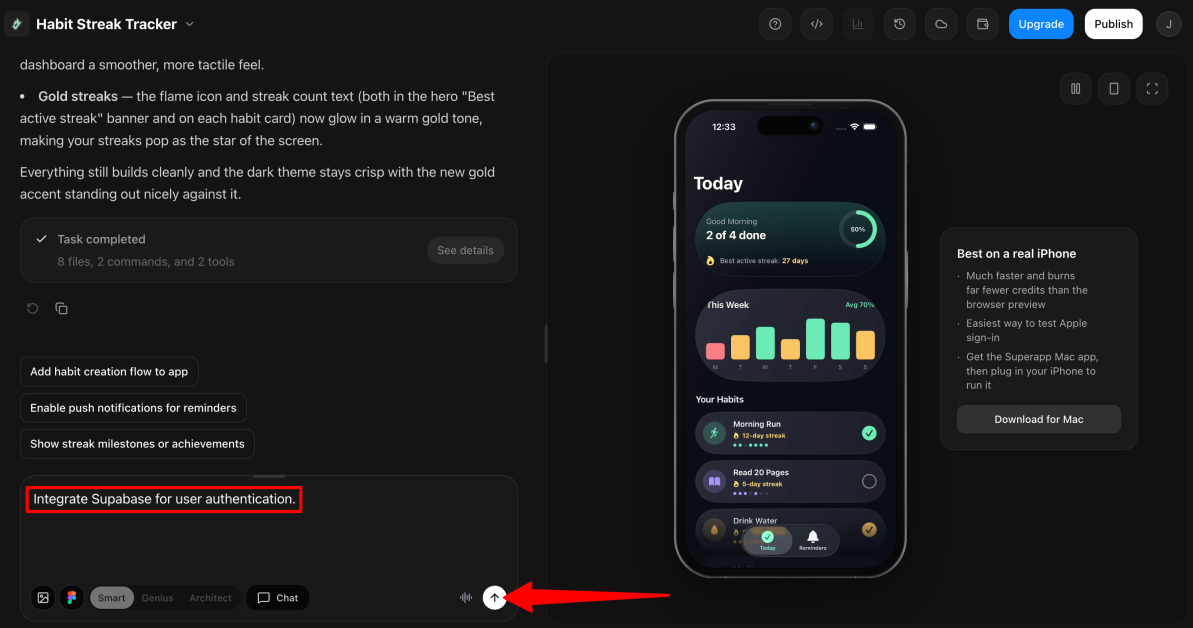 Asking Superapp to integrate Supabase for user authentication.