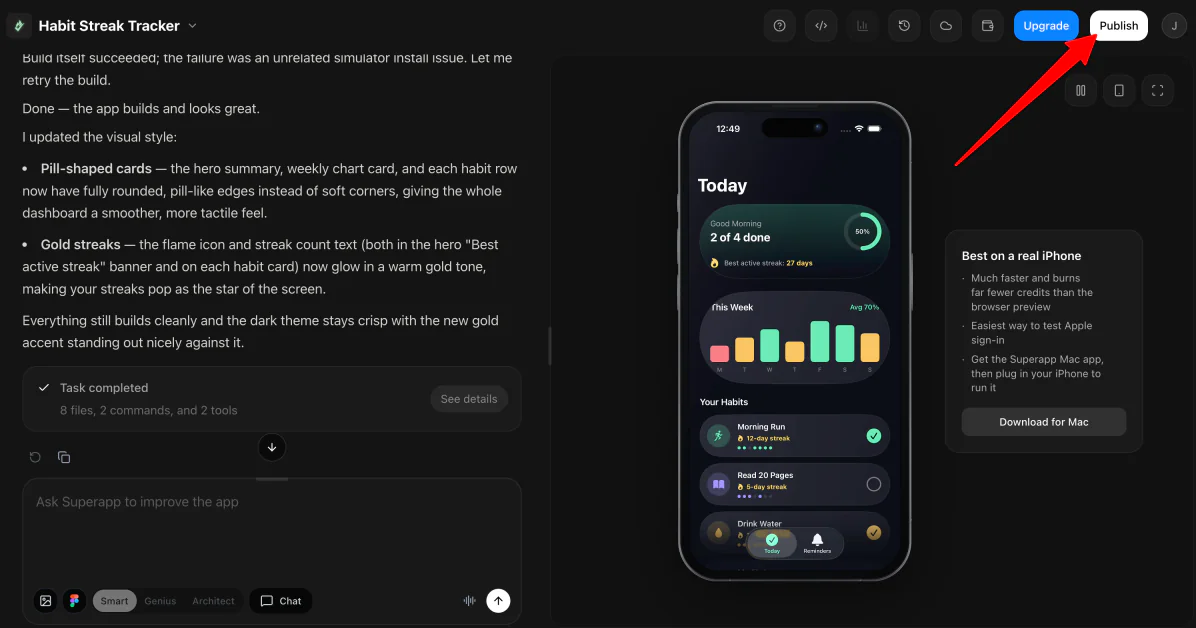 Publishing an app created with Superapp.