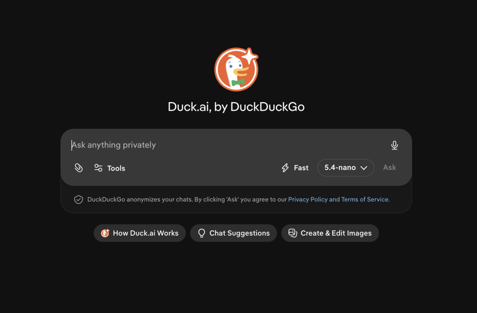 Duck.ai homepage.