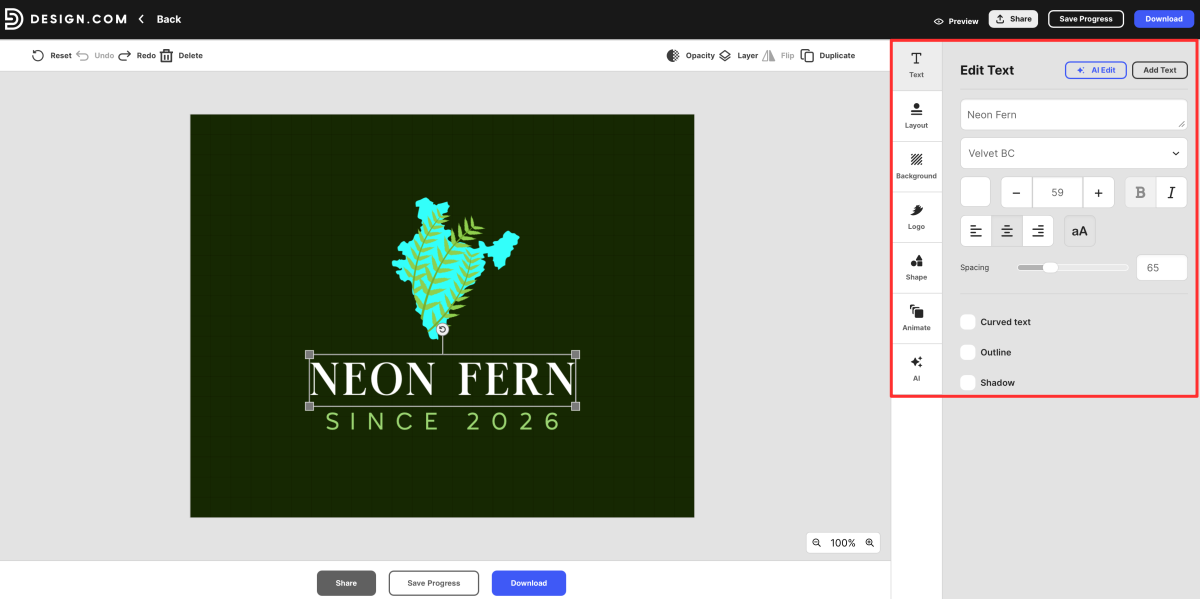 Editing a logo on design.com.