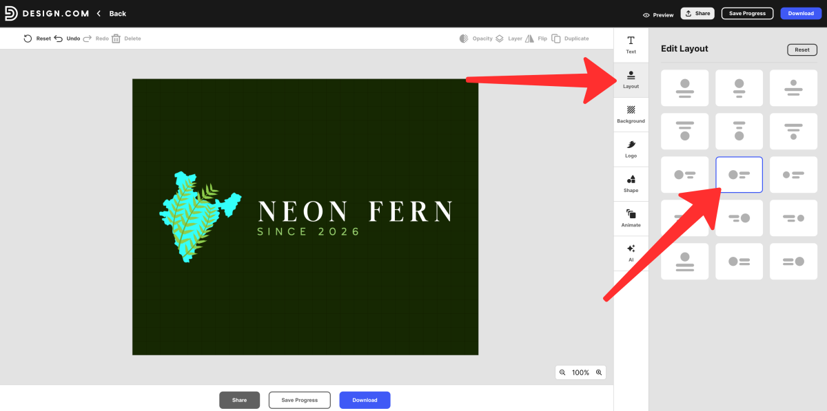 Changing a logo design layout in design.com.