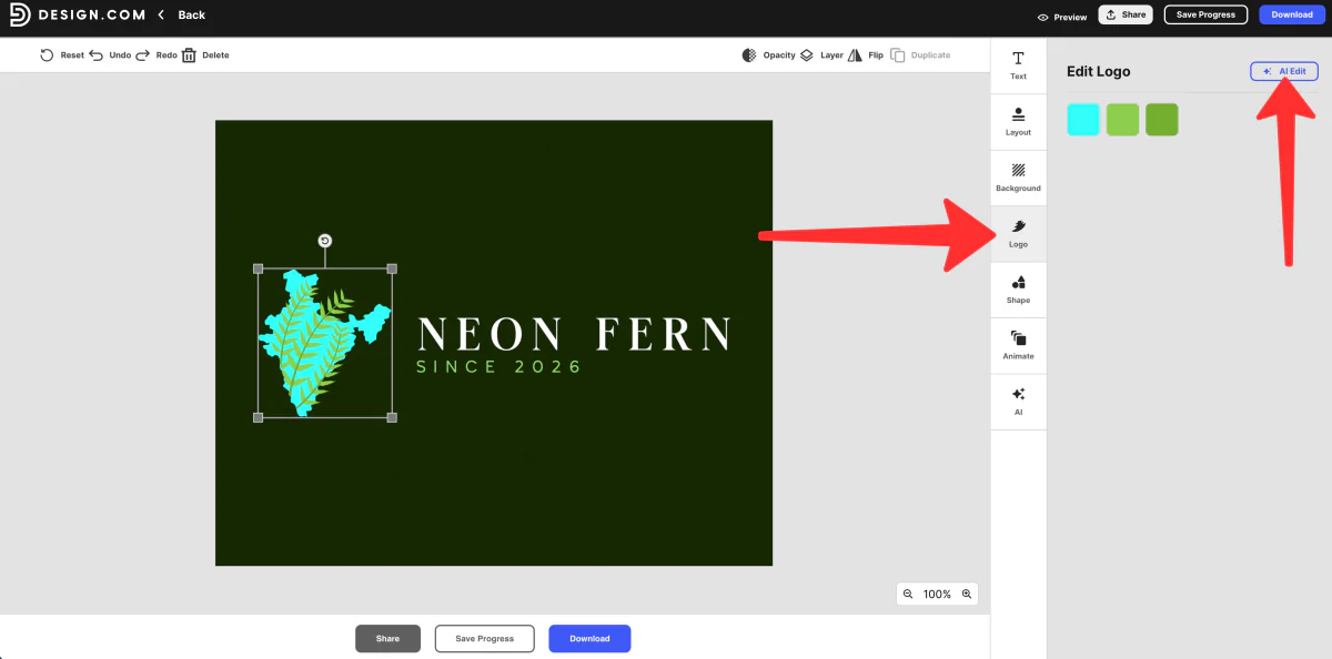 Editing a logo with AI in design.com.