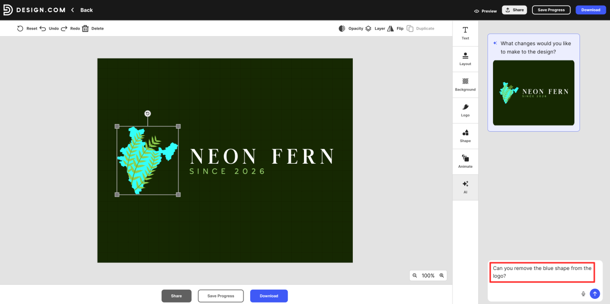Asking AI to remove an element from the logo in design.com.