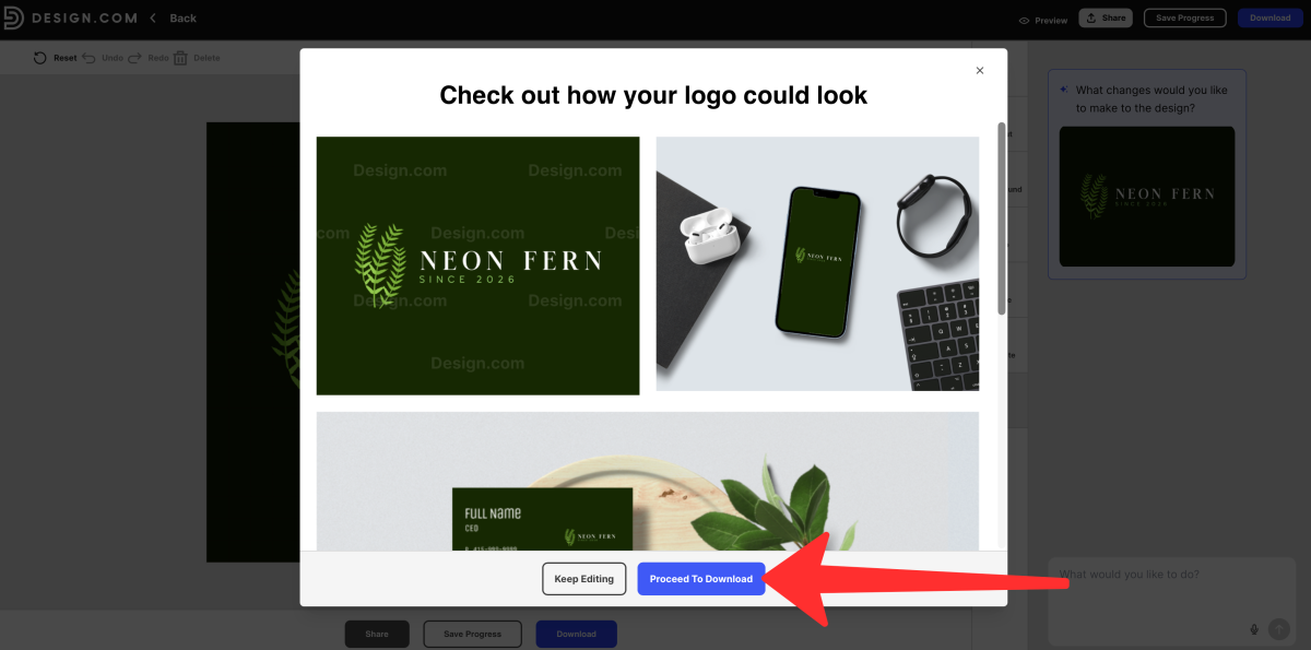 Previewing and downloading a logo made with design.com.