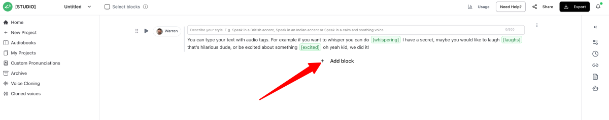 Memilih profil narator AI default untuk menemukan perpustakaan suara.