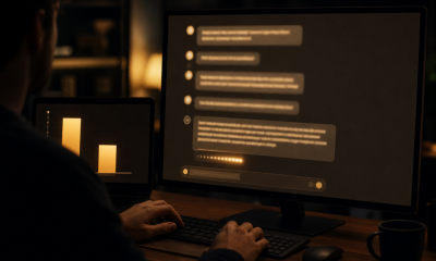 A person at a desk at night reading a long streaming reply in a warm-toned AI assistant chat interface, with a two-bar capability-versus-cost chart glowing on a second screen.