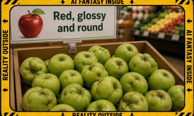 AI-generated image (GPT-2): a supermarket bin contains misshapen green apples beneath a sign showing a red apple and the words 'Red, glossy and round.' The image is surrounded by a yellow-and-black border labelled “AI fantasy inside” and “reality outside,” with inward-pointing arrows.