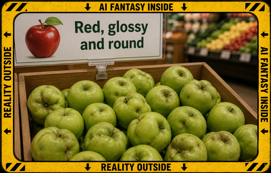 AI-generated image (GPT-2): a supermarket bin contains misshapen green apples beneath a sign showing a red apple and the words 'Red, glossy and round.' The image is surrounded by a yellow-and-black border labelled “AI fantasy inside” and “reality outside,” with inward-pointing arrows.