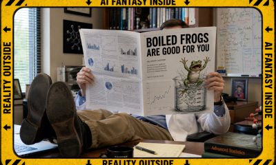 AI-generated image (GPT-2): a man in a lab coat sits in a cluttered office with his feet on a desk, reading a printed journal that obscures his face, showing a cover titled ‘BOILED FROGS ARE GOOD FOR YOU’ with charts and a cartoon frog in a beaker, surrounded by books, notes, and a yellow warning-style border.