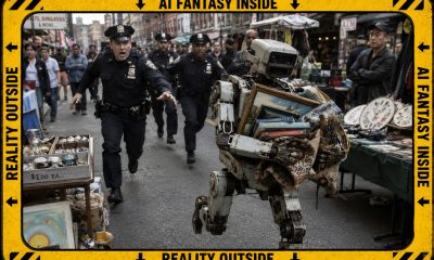 AI-generated image (GPT-2): an industrial humanoid robot runs through a crowded street market carrying books, a framed painting, embroidery, and art supplies while several police officers pursue it and shoppers watch from market stalls. A distressed yellow border surrounds the scene with black hazard stripes, arrows, and the phrases 'AI FANTASY INSIDE' and 'REALITY OUTSIDE'.