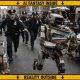 AI-generated image (GPT-2): an industrial humanoid robot runs through a crowded street market carrying books, a framed painting, embroidery, and art supplies while several police officers pursue it and shoppers watch from market stalls. A distressed yellow border surrounds the scene with black hazard stripes, arrows, and the phrases 'AI FANTASY INSIDE' and 'REALITY OUTSIDE'.