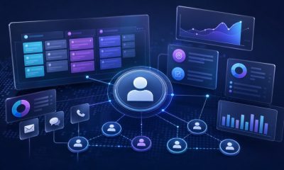 Modern CRM software dashboard connecting customer profiles, sales pipelines, tasks, and analytics