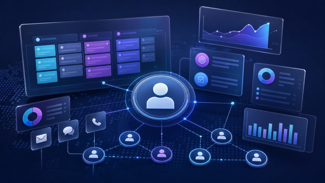Modern CRM software dashboard connecting customer profiles, sales pipelines, tasks, and analytics
