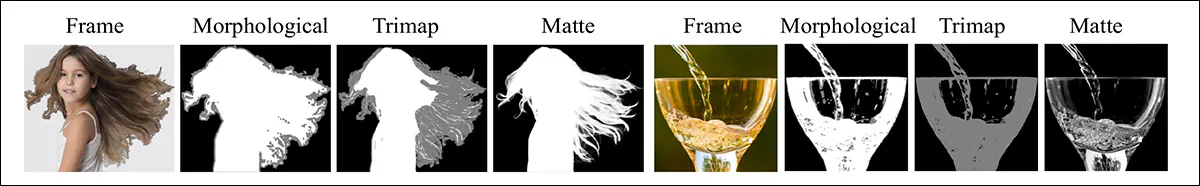 Comparison of standard mask-based processing with ground-truth trimaps, showing how simple morphological operations produce coarse, uniform boundaries that miss fine structures such as hair and transparency, leading to loss of detail in the final matte.