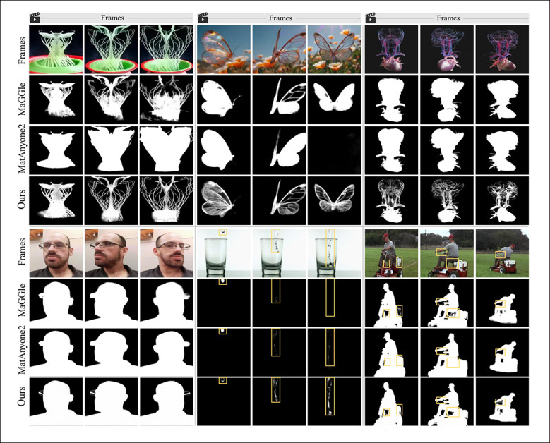 Qualitative comparison on in-the-wild sequences, where SAM2Matting preserves fine structures and temporal consistency more effectively than MatAnyone2 and MaGGIe, particularly for non-human subjects, rapid motion, and semi-transparent elements such as water, glass, and insect wings.