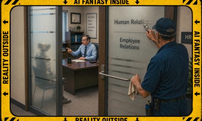 AI-generated image (GPT-2 + Photoshop [non-AI]) - a maintenance worker scrapes the word 'Relations' from the frosted glass door of an office labeled 'Human Relations', above newly painted 'Employee Relations', while an HR manager points toward a partially obscured seated industrial robot inside. A yellow-and-black border reads 'AI FANTASY INSIDE' and 'REALITY OUTSIDE'.
