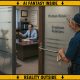 AI-generated image (GPT-2 + Photoshop [non-AI]) - a maintenance worker scrapes the word 'Relations' from the frosted glass door of an office labeled 'Human Relations', above newly painted 'Employee Relations', while an HR manager points toward a partially obscured seated industrial robot inside. A yellow-and-black border reads 'AI FANTASY INSIDE' and 'REALITY OUTSIDE'.