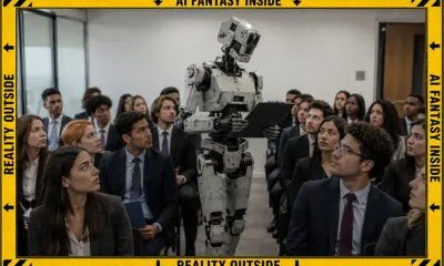 AI-generated image (GPT-2): a photorealistic visualization of a humanoid industrial robot evaluating a room of anxious job applicants, illustrating the paper's exploration of demographic bias in AI-assisted hiring. The warning border indicates that the scene is fictional and not a depiction of events described in the research.