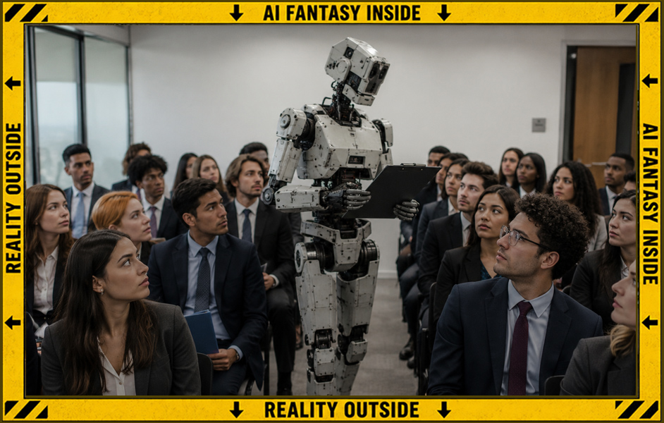 AI-generated image (GPT-2): a photorealistic visualization of a humanoid industrial robot evaluating a room of anxious job applicants, illustrating the paper's exploration of demographic bias in AI-assisted hiring. The warning border indicates that the scene is fictional and not a depiction of events described in the research.