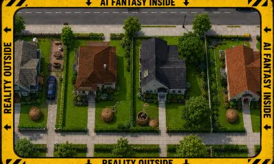 AI-generated article illustration (GPT-2): an orthographic, game-like view of a suburban street is bordered by a yellow frame labeled “AI FANTASY INSIDE” and “REALITY OUTSIDE.” Round wicker baskets sit outside each house. Near the center, one basket has its lid displaced and a python is emerging, raising its head above the rim.