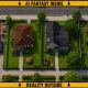 AI-generated article illustration (GPT-2): an orthographic, game-like view of a suburban street is bordered by a yellow frame labeled “AI FANTASY INSIDE” and “REALITY OUTSIDE.” Round wicker baskets sit outside each house. Near the center, one basket has its lid displaced and a python is emerging, raising its head above the rim.