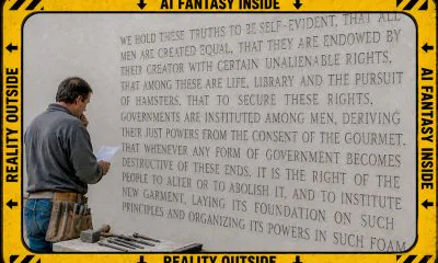 AI-generated image (GPT-2): a construction worker wearing a tool belt stands beneath scaffolding, holding a printed job sheet and scratching his head while facing a large stone wall engraved with a partially completed version of the United States Declaration of Independence in which numerous words have been mistakenly replaced with incorrect alternatives, ending at the word 'foam'. A workbench holding chisels and a hammer stands in the foreground, with stone dust scattered below the unfinished carving. The photorealistic scene is surrounded by a yellow-and-black warning-style border labeled 'AI FANTASY INSIDE' along the top and right edges and 'REALITY OUTSIDE' along the bottom and left edges, with black directional arrows pointing inward.