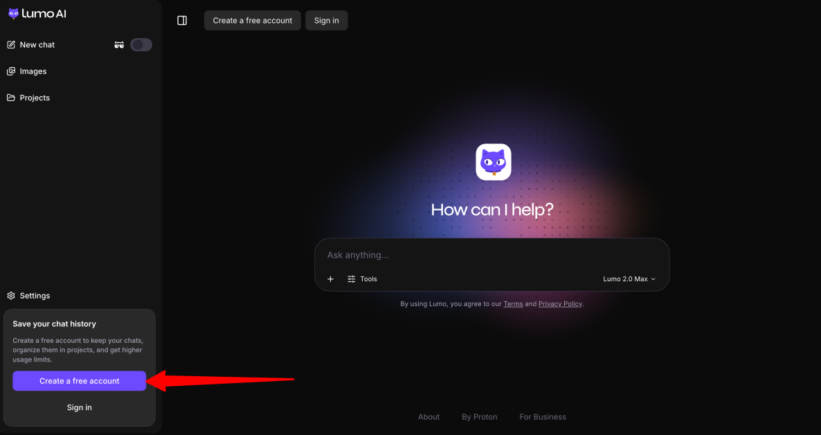 Creating a free account in Lumo AI.