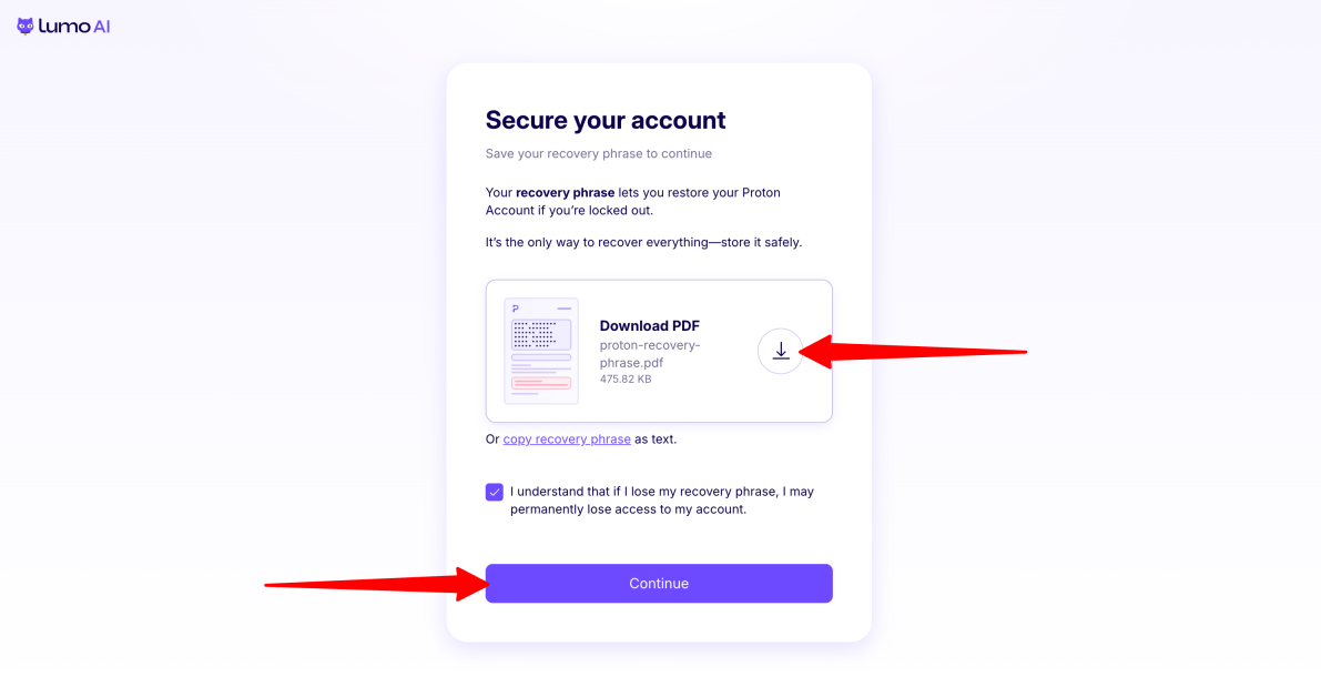 Downloading the recovery phrase when creating a Lumo AI account.