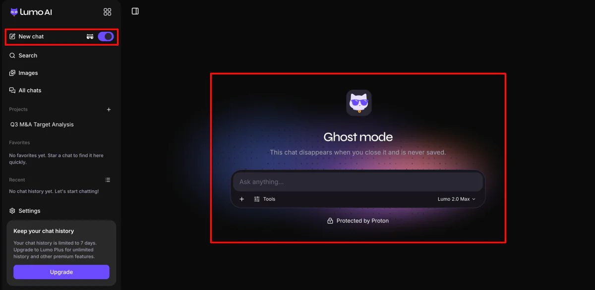 Starting a new chat and turning on Ghost Mode in Lumo AI.