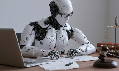 A robot working at a desk, with a gavel and scales in the background.